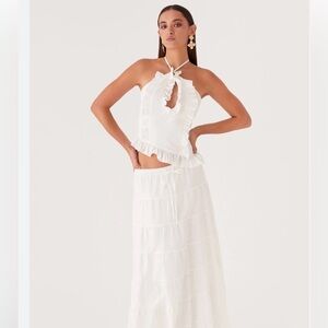 Paper Mayo white linen set, top & maxi skirt, Sz 4